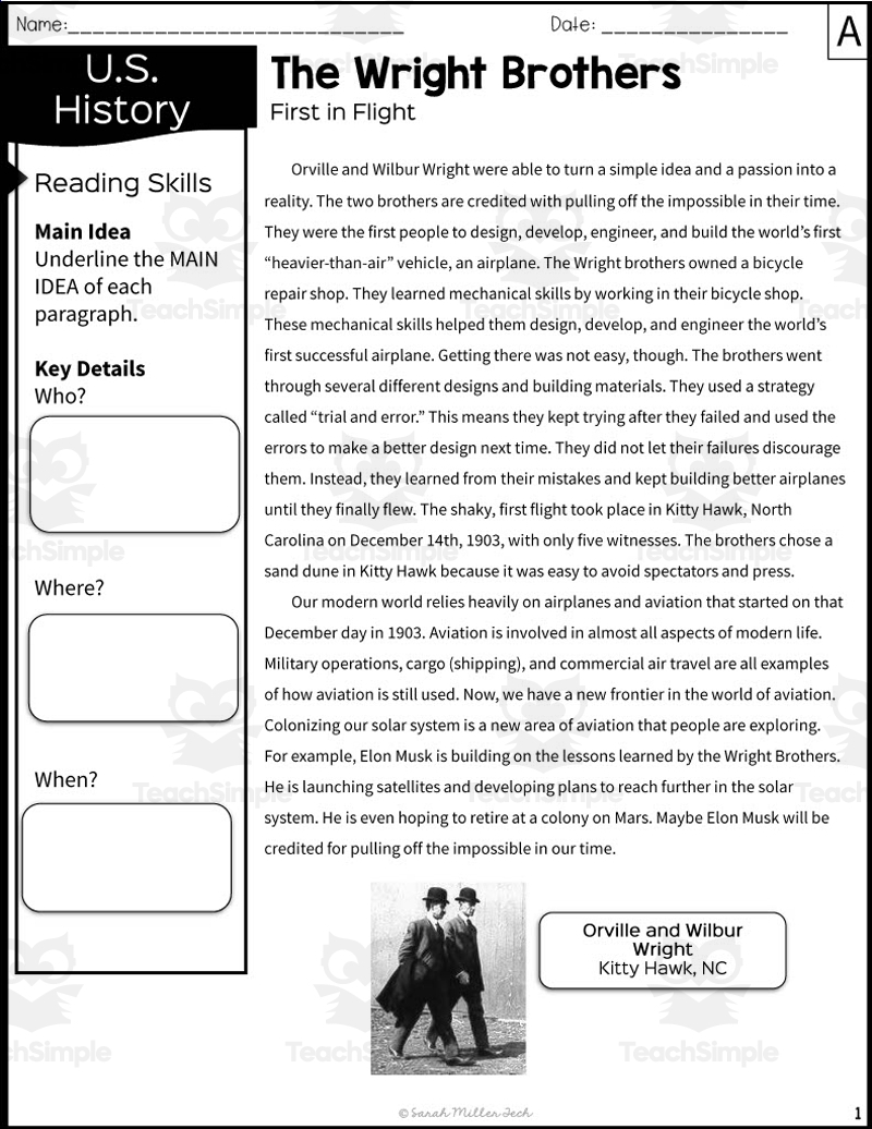 The Wright Brothers Reading Packet