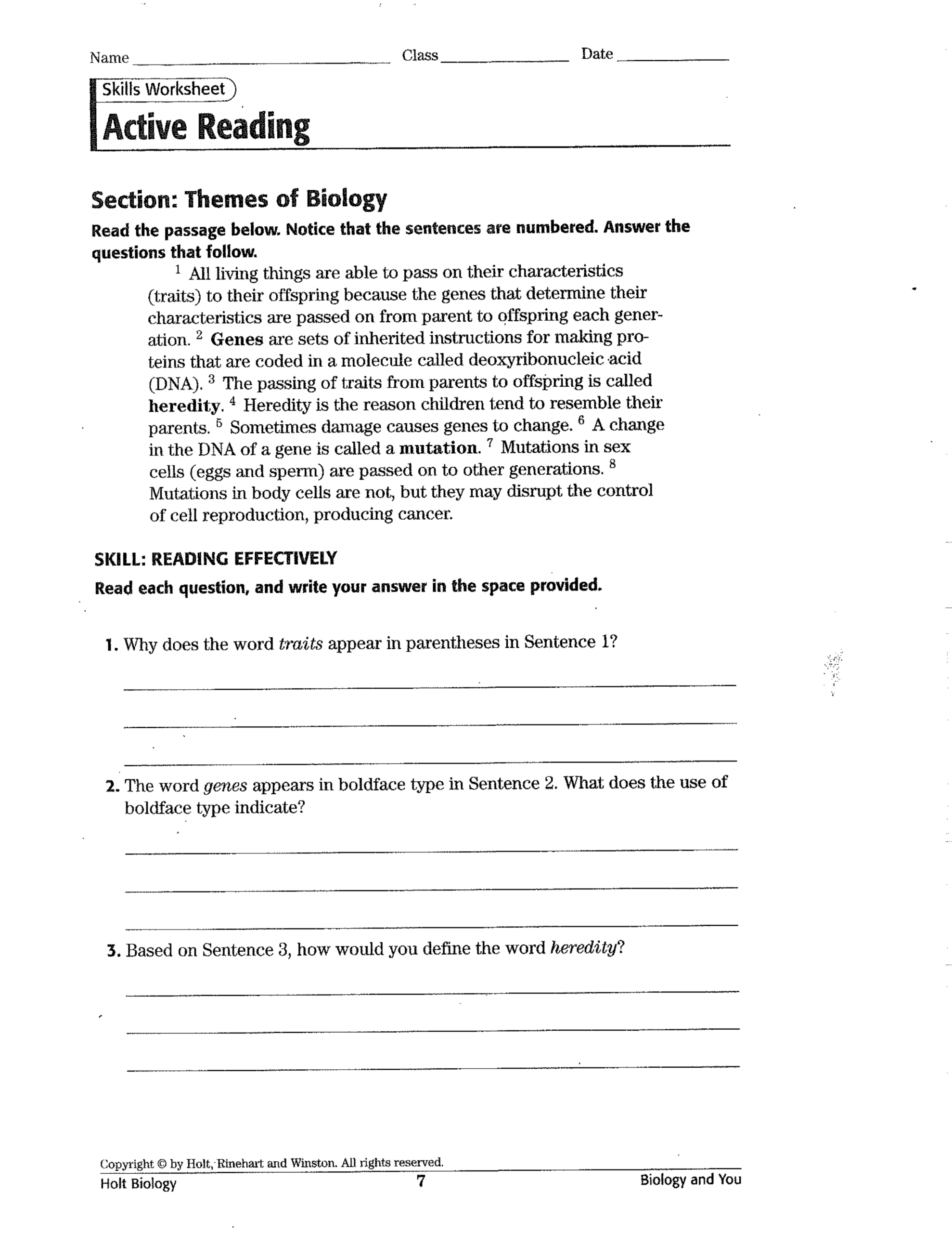 Biology Genes Reading Comprehension Worksheets