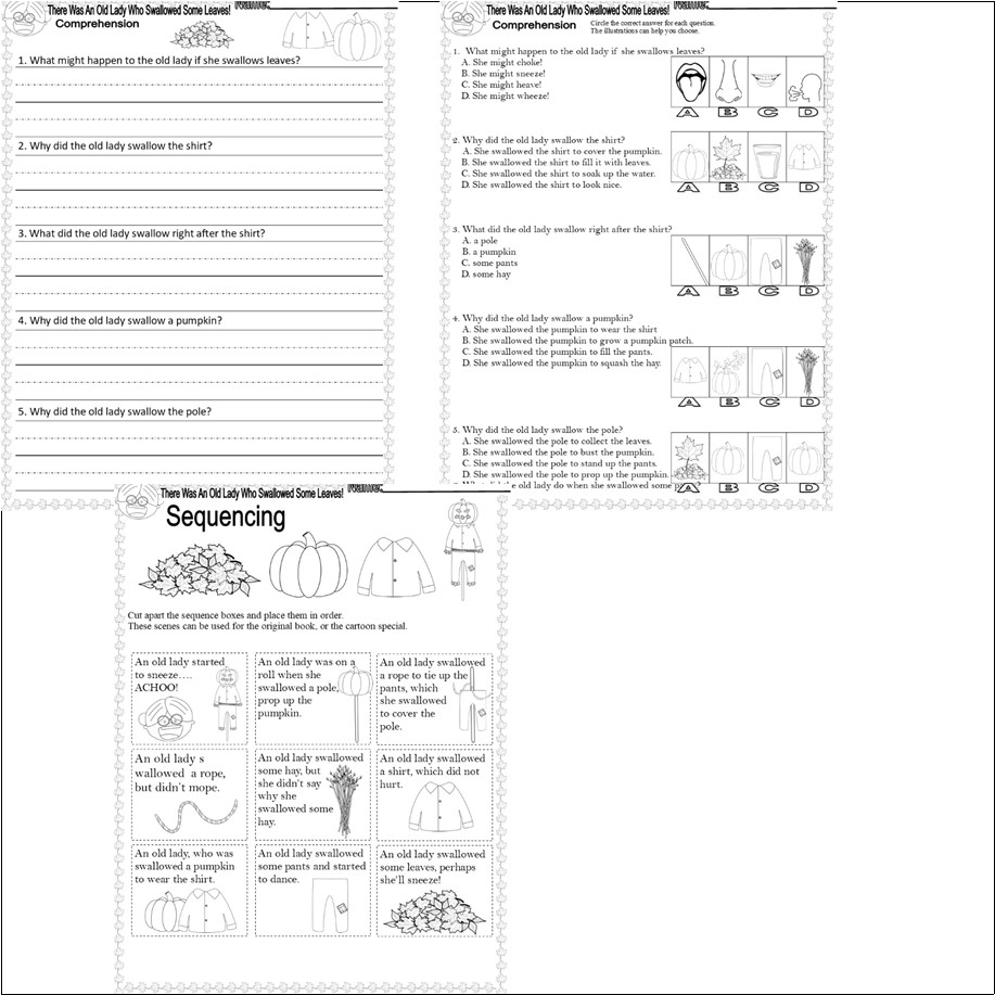 There Was An Old Lady Who Swallowed Some Leaves Comprehension Quiz U0026 Sequencing Worksheets Classful