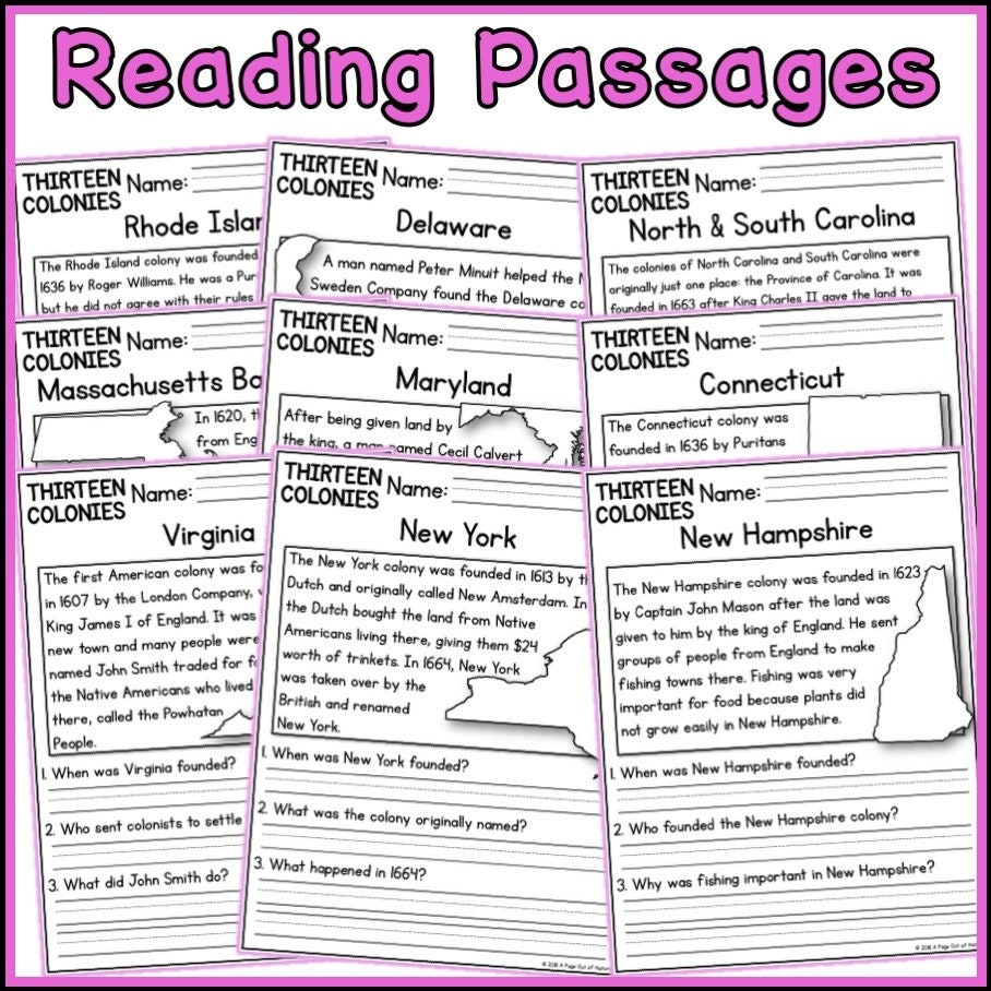 Thirteen Colonies Reading Comprehension Passages K 2 Homeschool Social Studies Printable Worksheets Colonial America Etsy Canada
