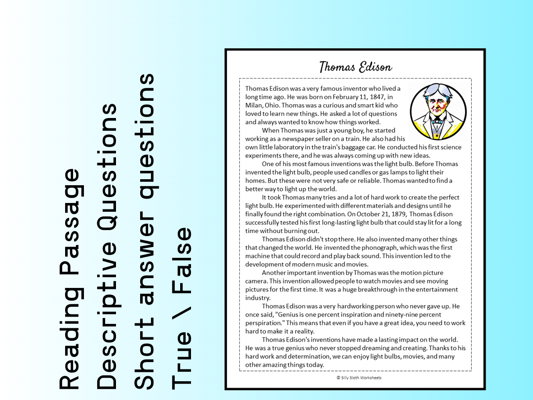 Thomas Edison Biography Reading Comprehension Passage Printable Worksheet PDF Teaching Resources
