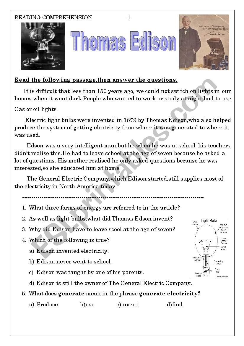 Thomas Edison Reading Comprehension Worksheet