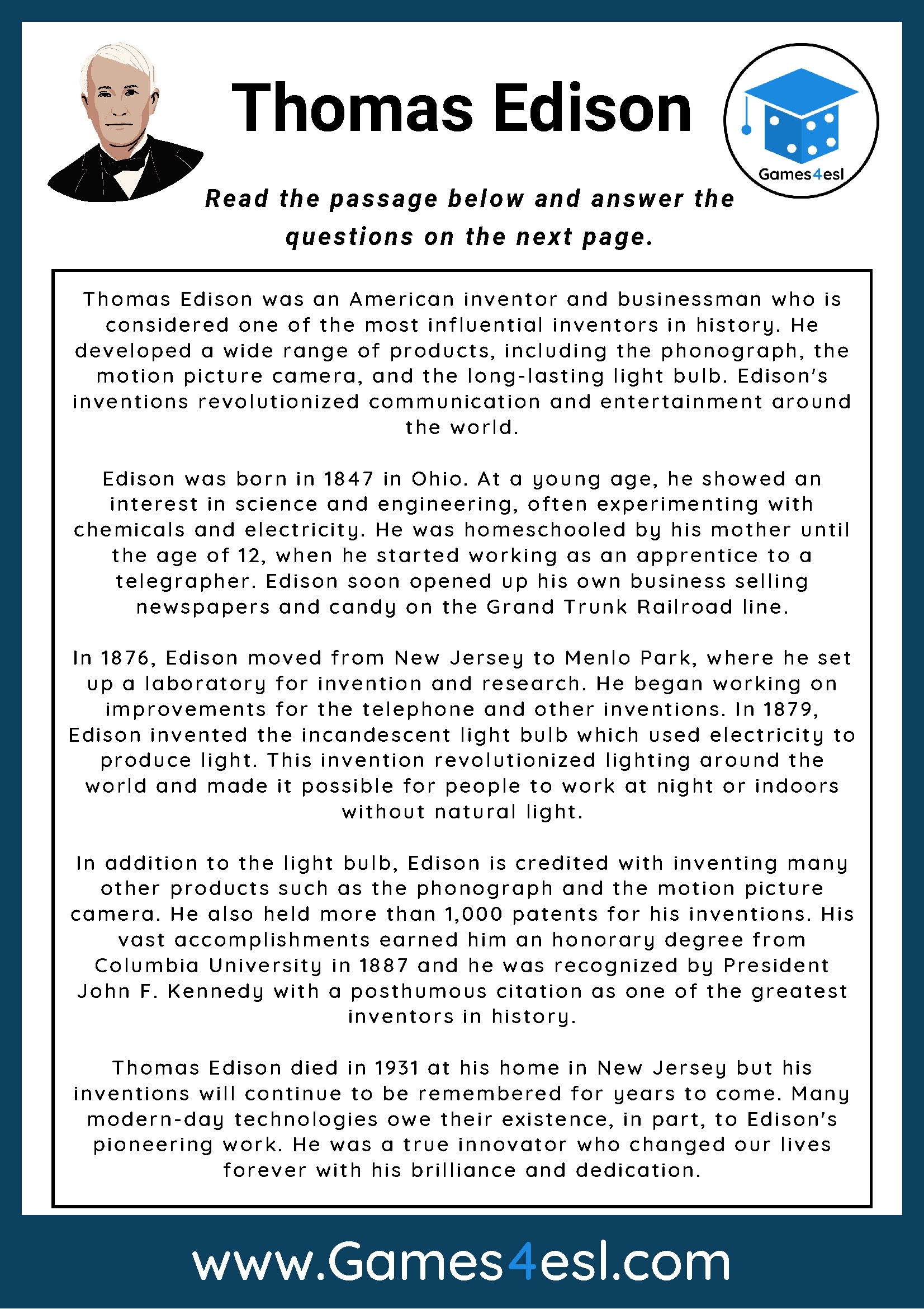 Thomas Edison Reading Comprehension Worksheet Games4esl