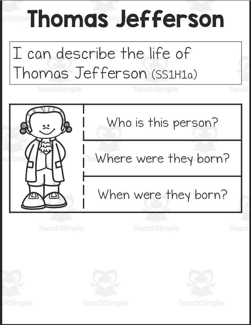 Thomas Jefferson Interactive Notebook SS1H1a SS1H1b SS1G1a SS1CG1