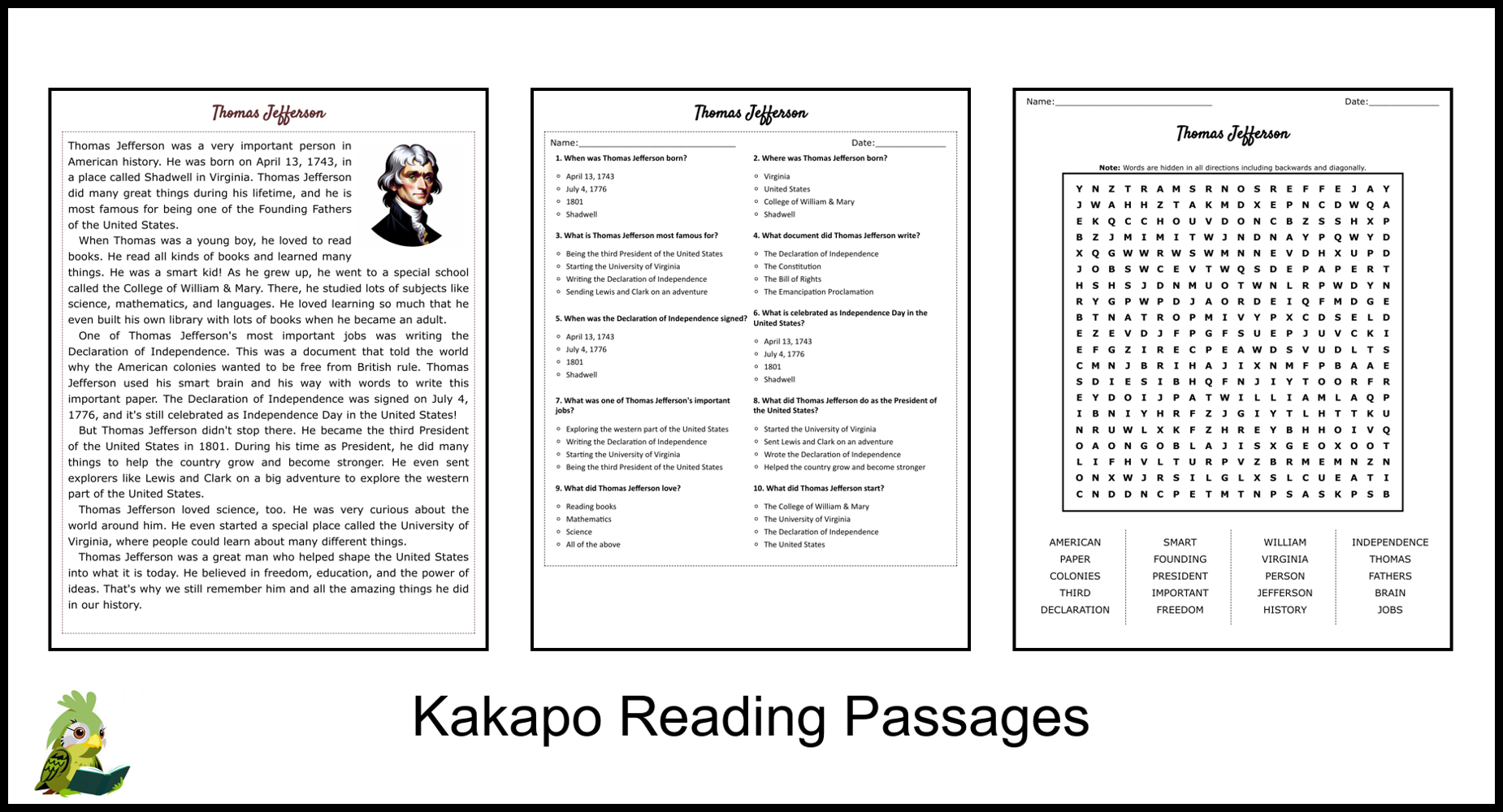 Thomas Jefferson Reading Comprehension And Word Search Teaching Resources