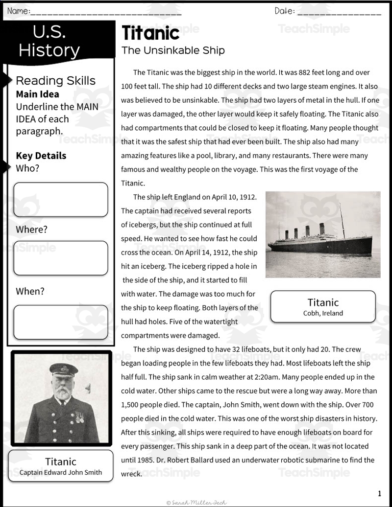 Titanic Reading Comprehension Worksheet