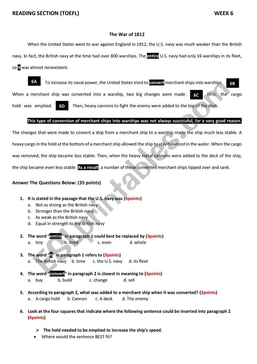 Toefl Reading Comprehension Worksheets