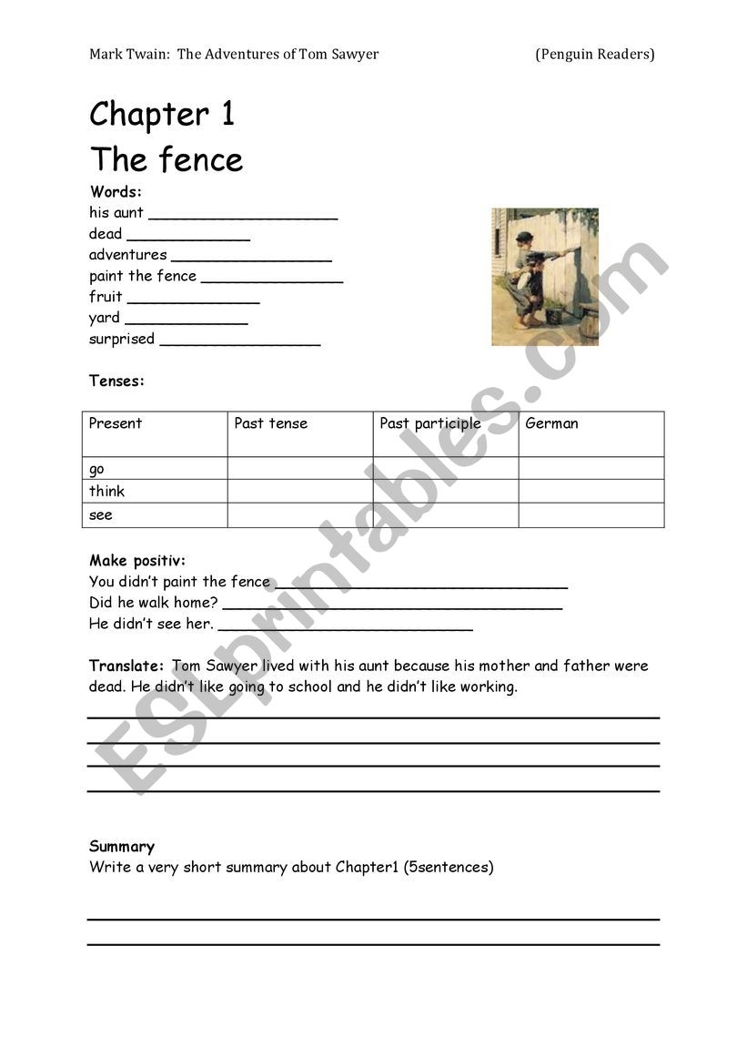 Tom Sawyer Chapter 1 ESL Worksheet By Zefirette