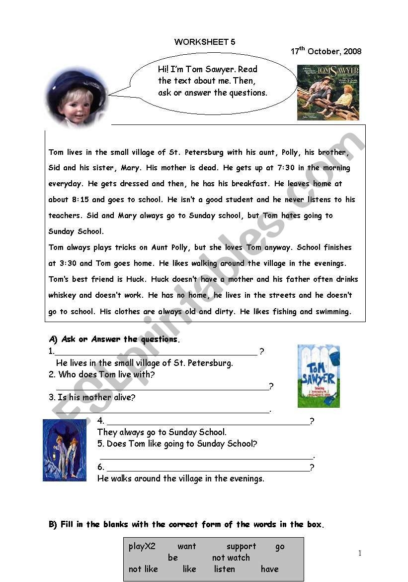 Tom Sawyer ESL Worksheet By Mustafateacher3