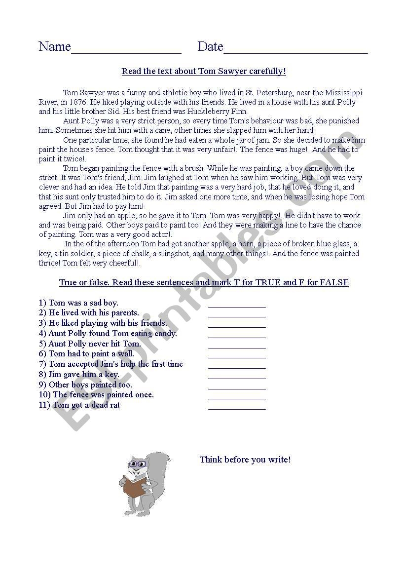 Tom Sawyer Reading Comprehension ESL Worksheet By Setzer