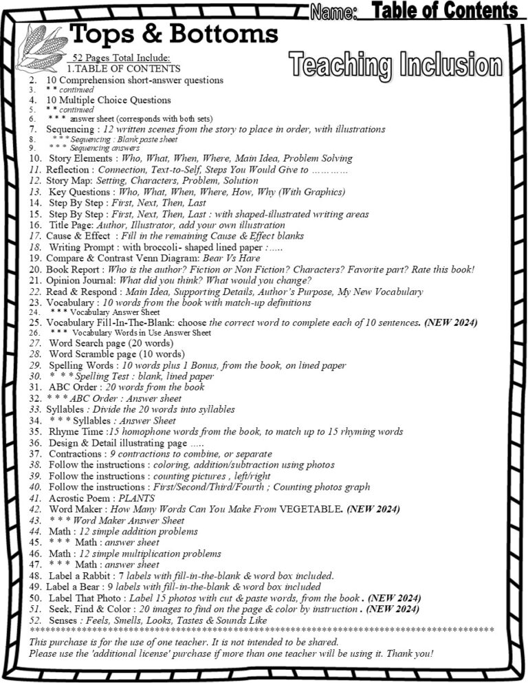 Tops U0026 Bottoms Read Aloud Book Study Companion Reading Comprehension Worksheets