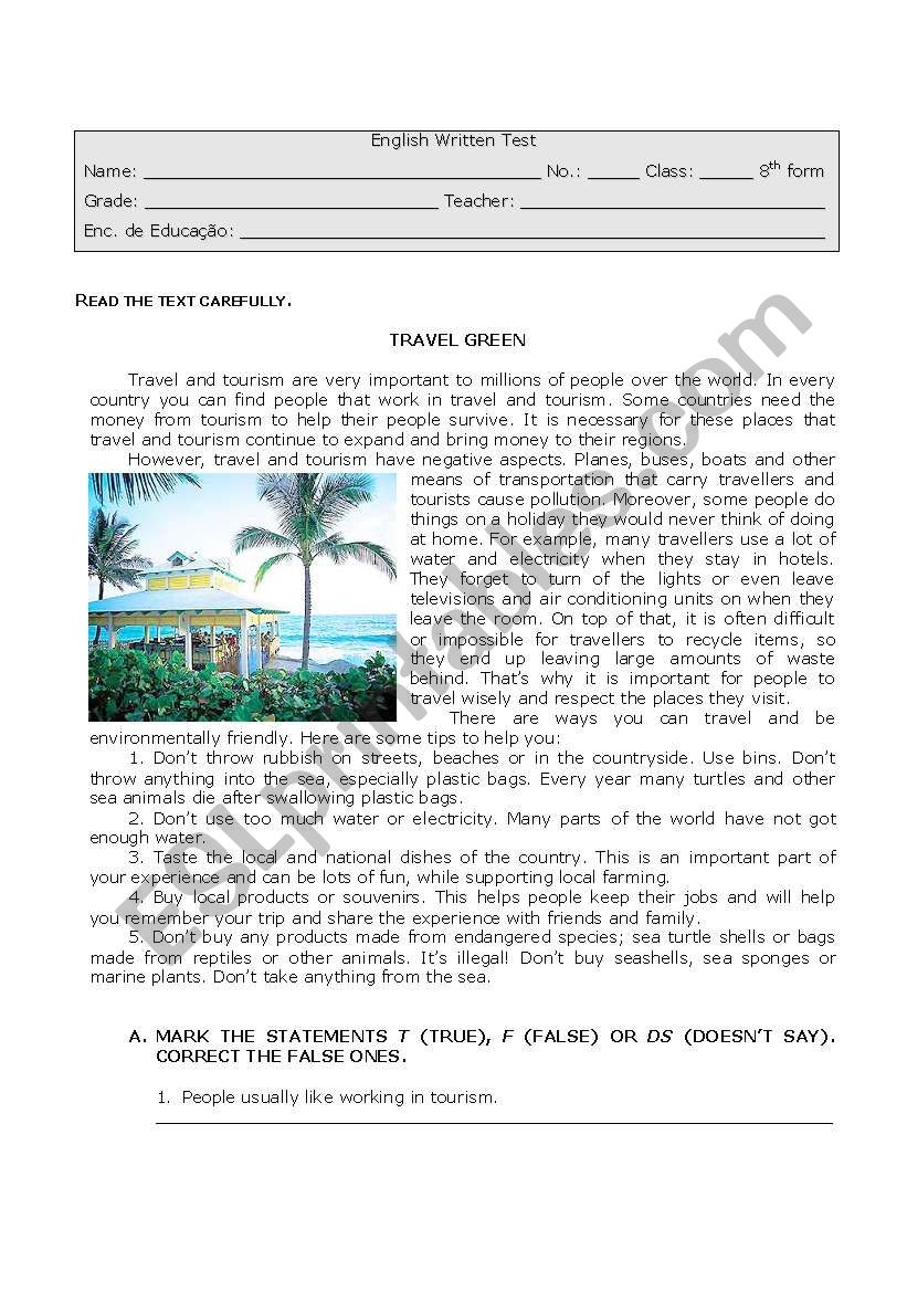 Tourism Reading Comprehension Worksheet