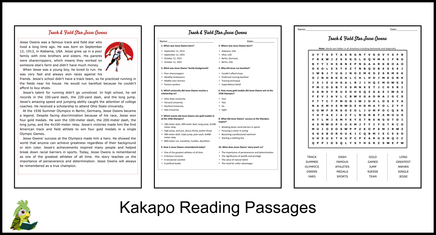 Track U0026 Field Star Jesse Owens Reading Comprehension And Word Search Teaching Resources