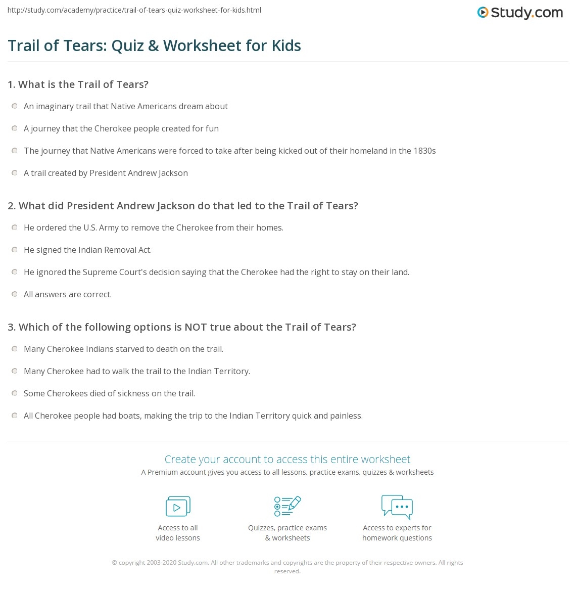 Trail Of Tears Reading Comprehension Worksheet