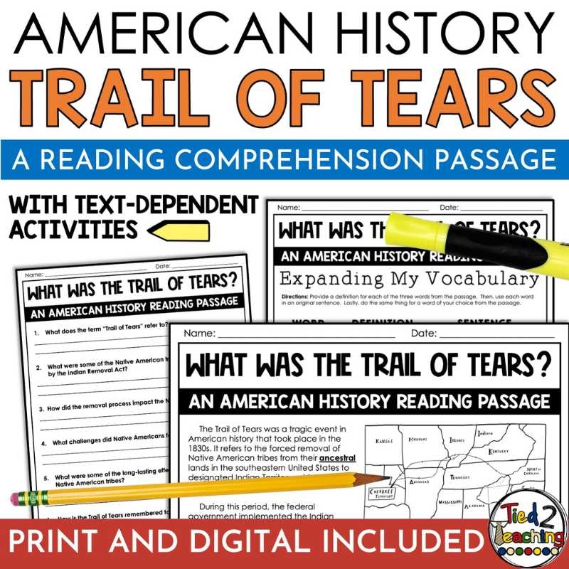 Trail Of Tears Reading Passage And Questions Westward Expansion Activities Tied 2 Teaching