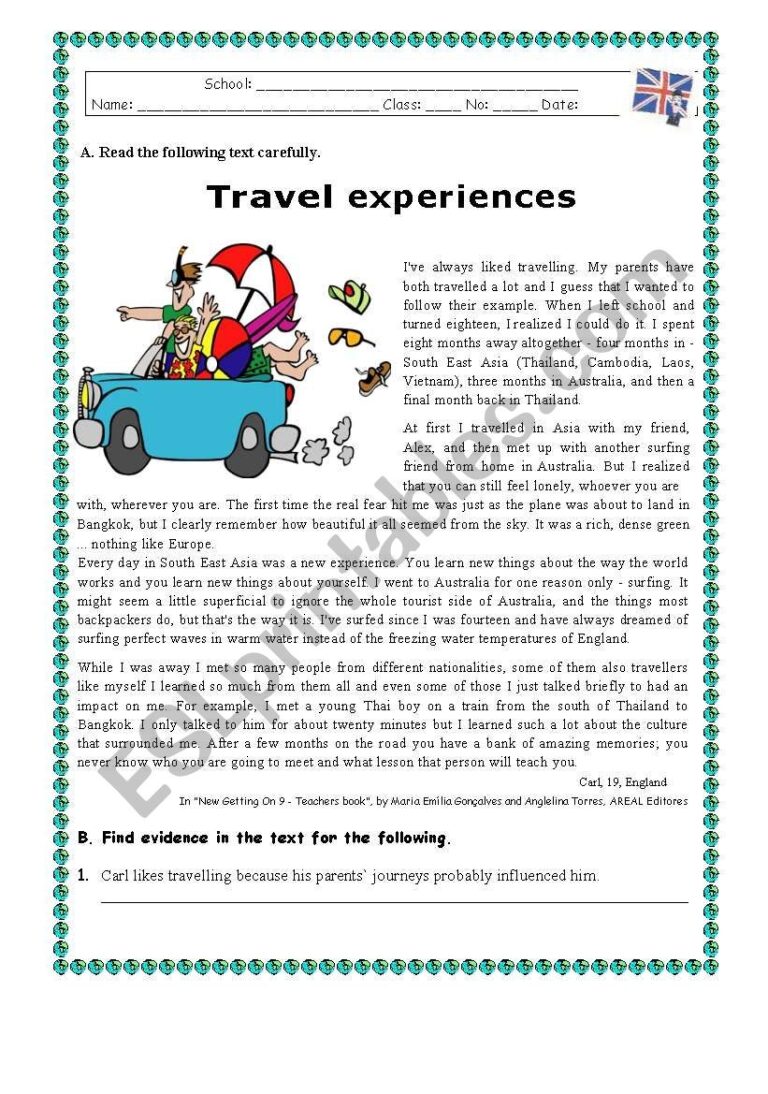 TRAVEL EXPERIENCES ESL Worksheet By Rosario Pacheco