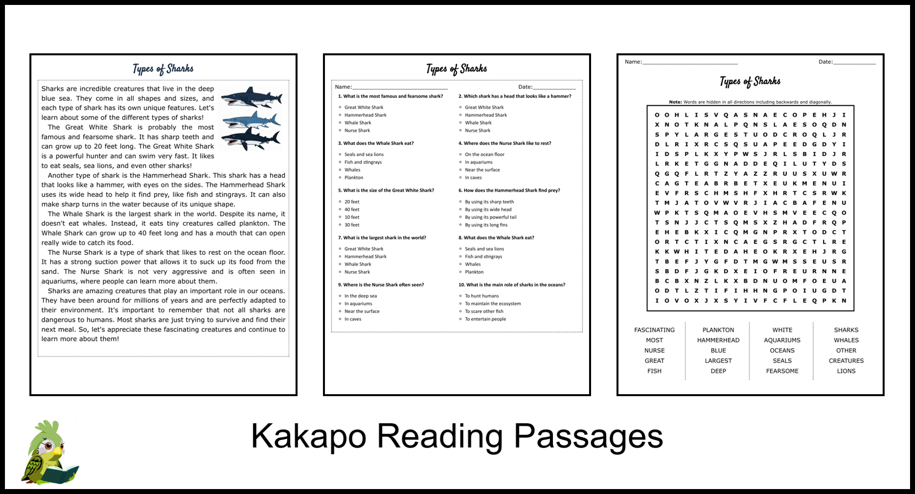 Types Of Sharks Reading Comprehension And Word Search Teaching Resources
