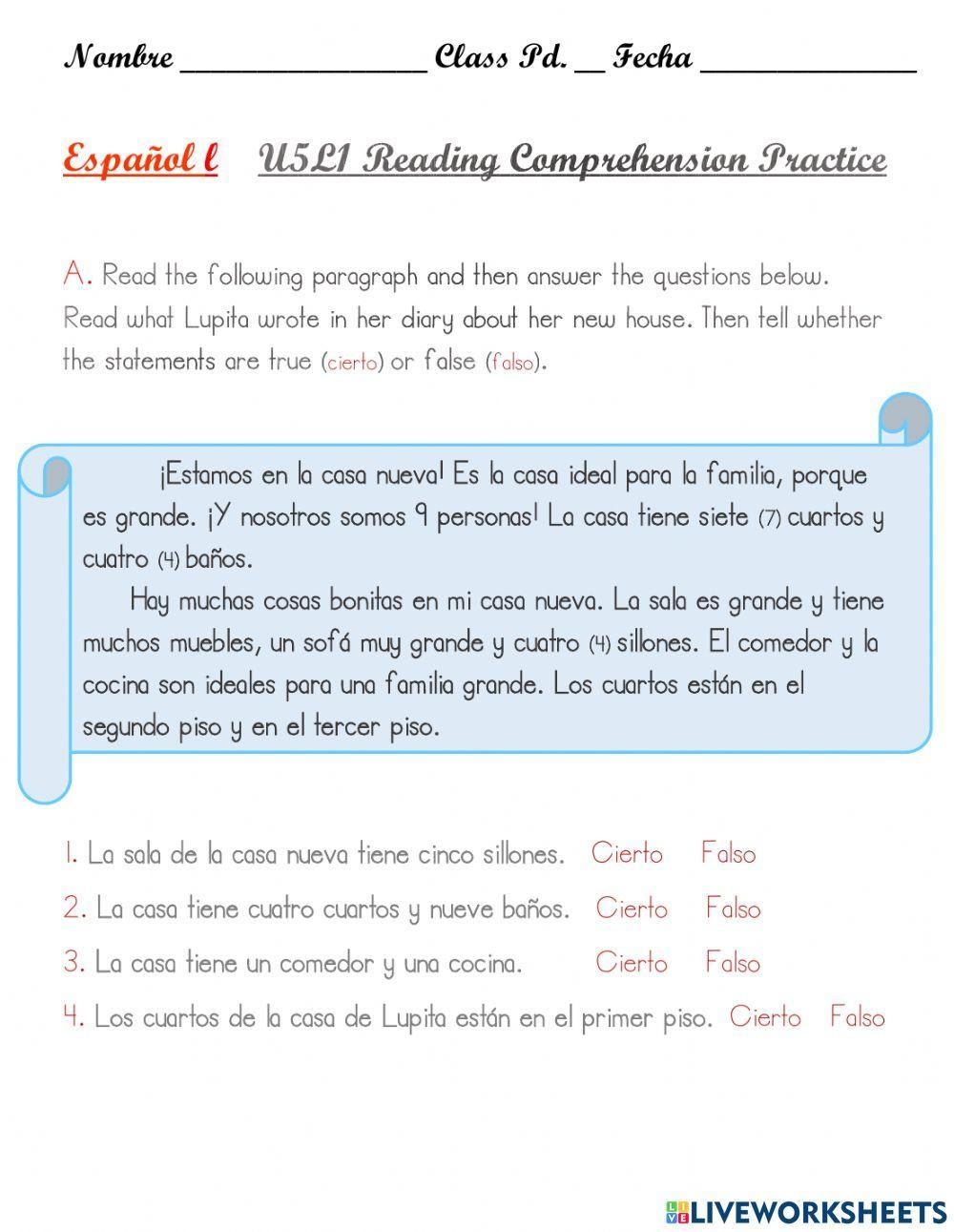 U5L1 Reading Comprehension Practice 04 27 2021 Worksheet Live Worksheets Library