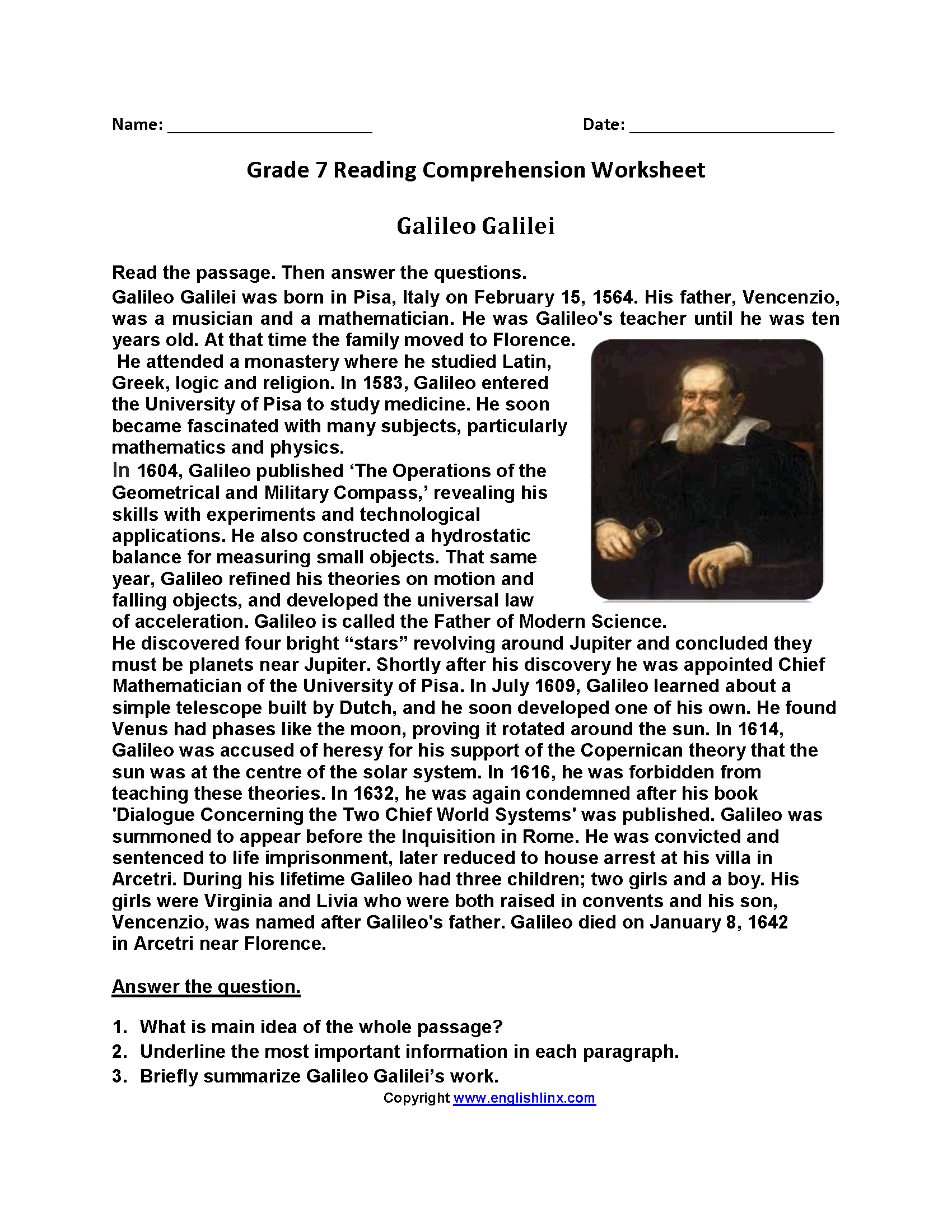 Reading Comprehension Grade 7 Worksheets Pdf