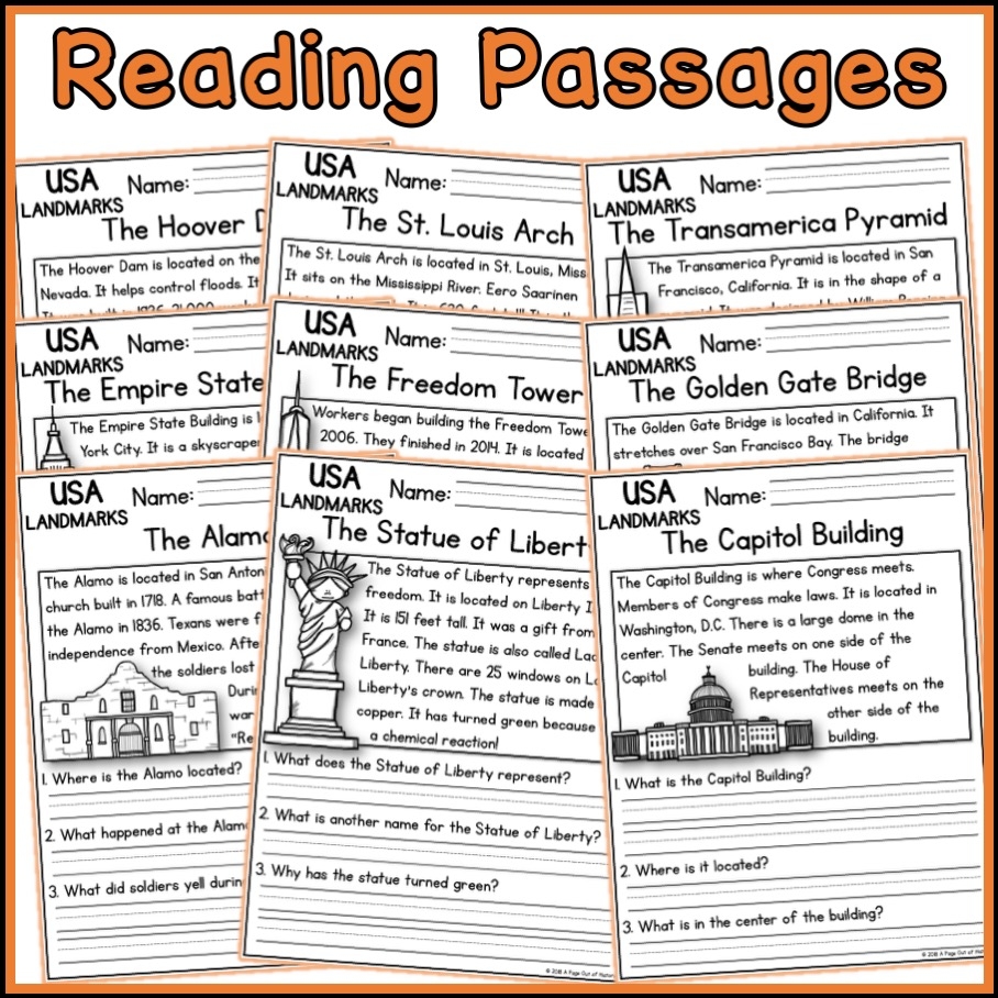 United States Landmarks Social Studies Reading Comprehension Passages K 2