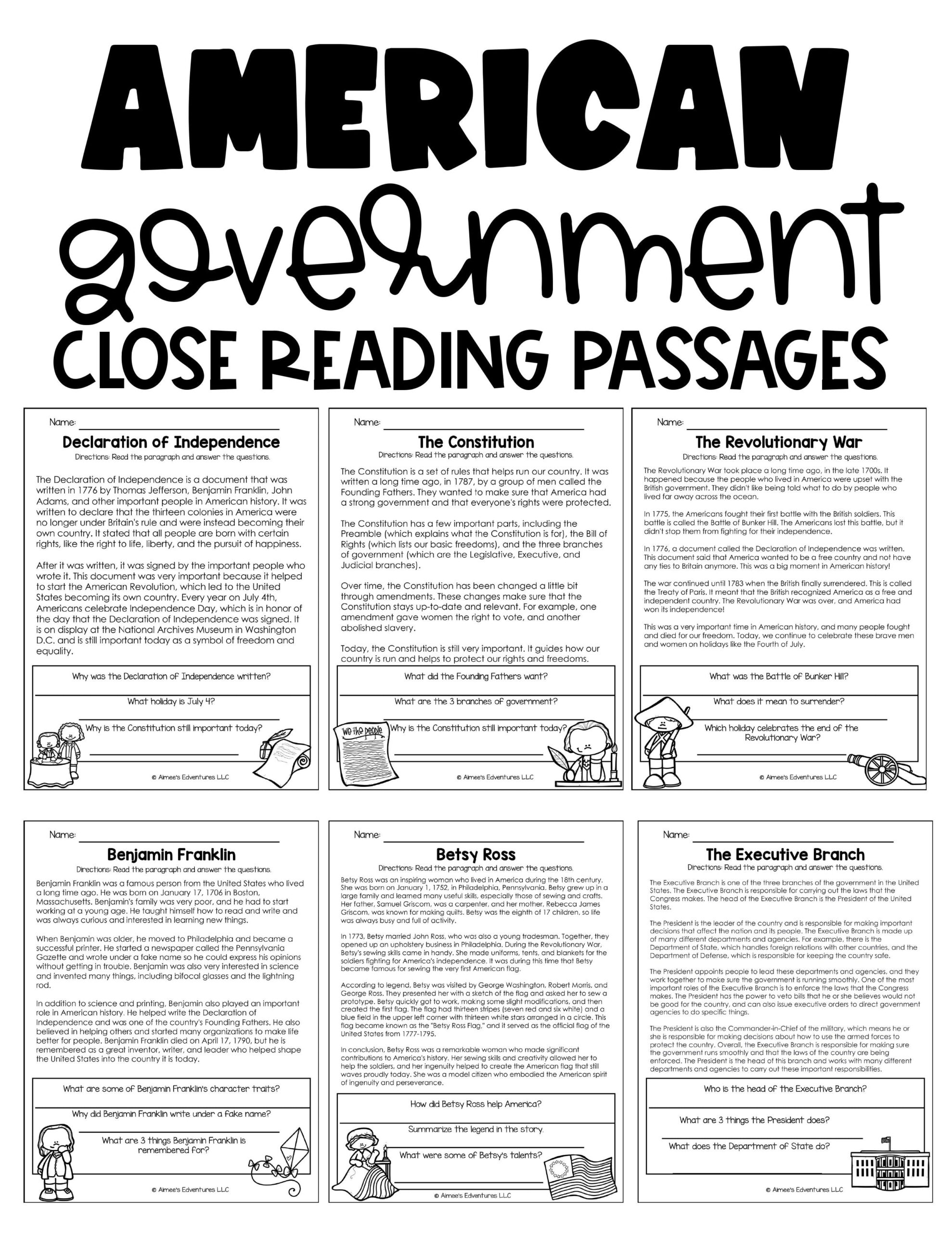 US History Government Close Reading Passages Activity Reading Worksheets Library