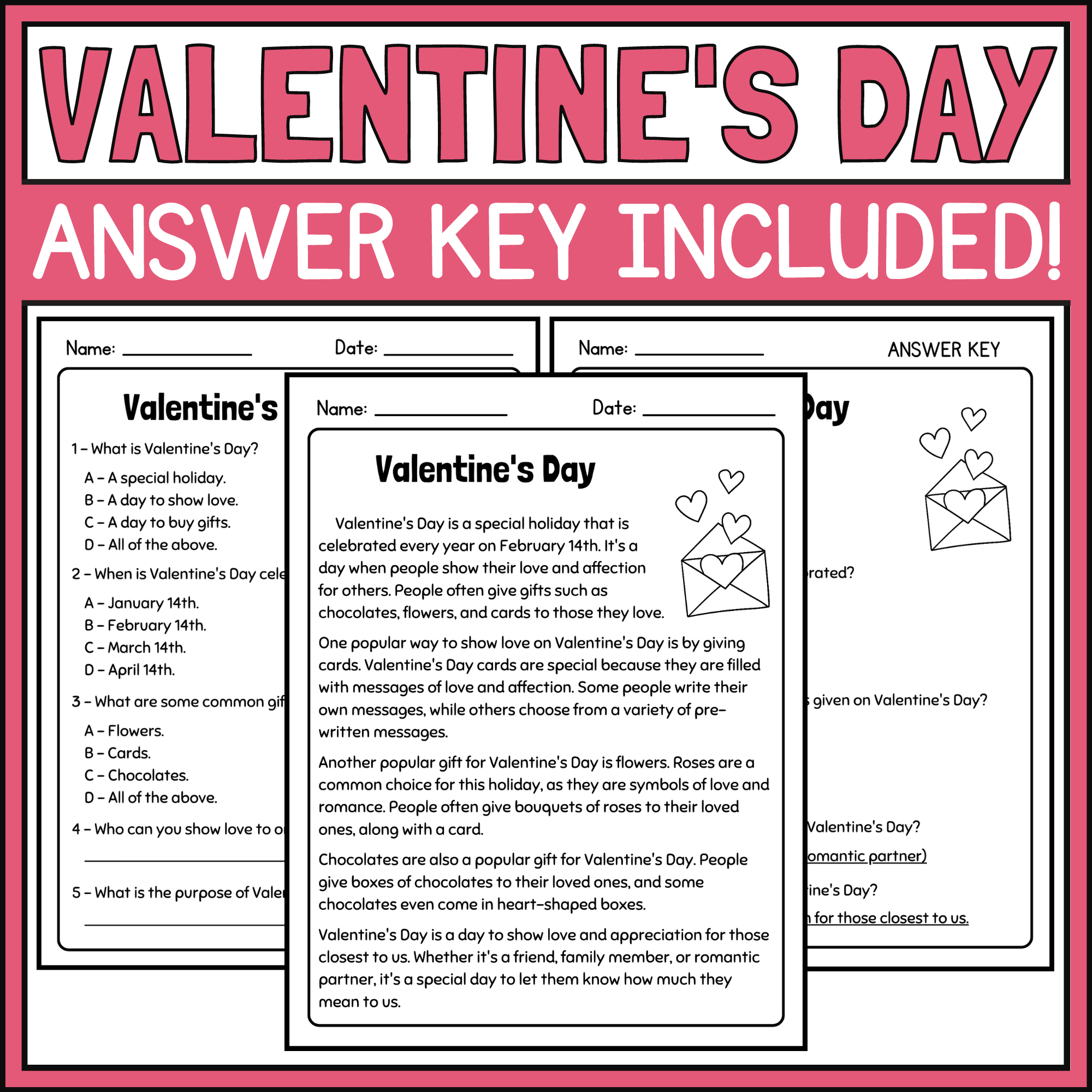 Valentine s Day Article And Reading Comprehension Questions Made By Teachers