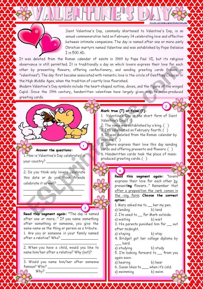 Valentine s Day Reading Comprehension Grammar ing After 