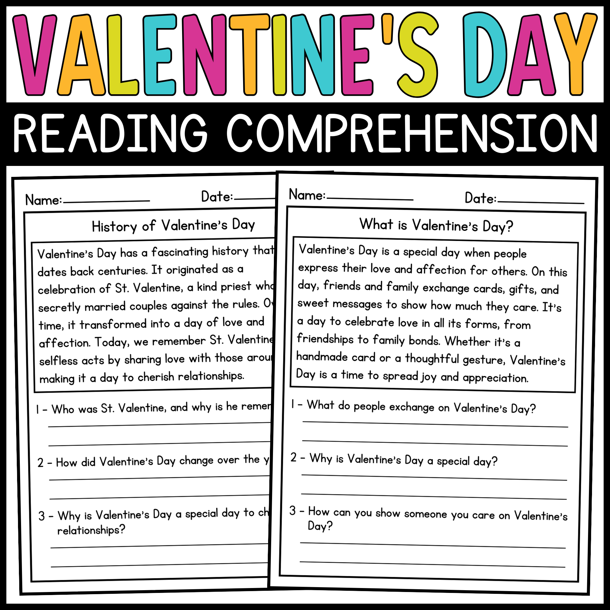 Valentine Day Reading Comprehension Worksheets