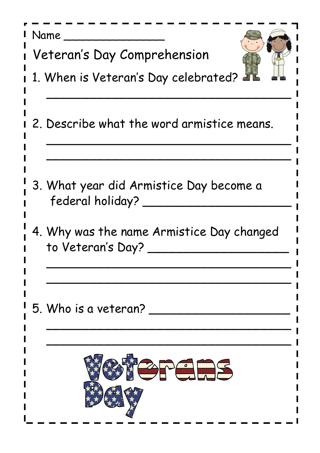 Veteran s Day Reading Comprehension Passage