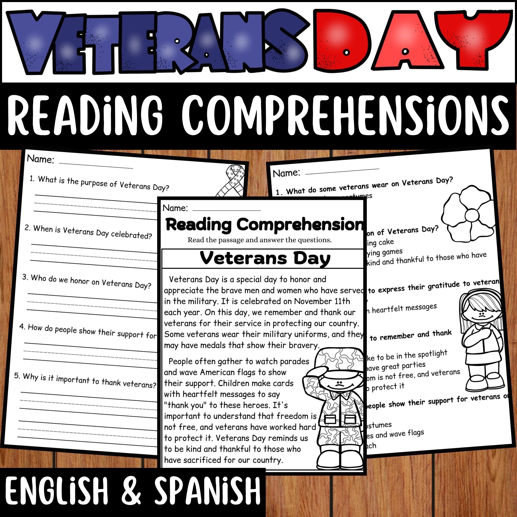 Veterans Day Reading Comprehension Passage U0026 Questions English U0026 Spanish Version Made By Teachers