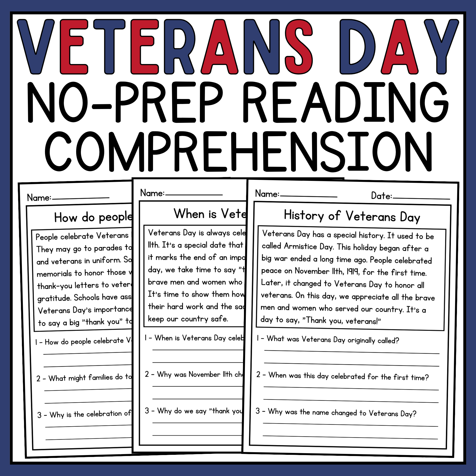 Veterans Day Reading Comprehension Passages Veterans Day Activities