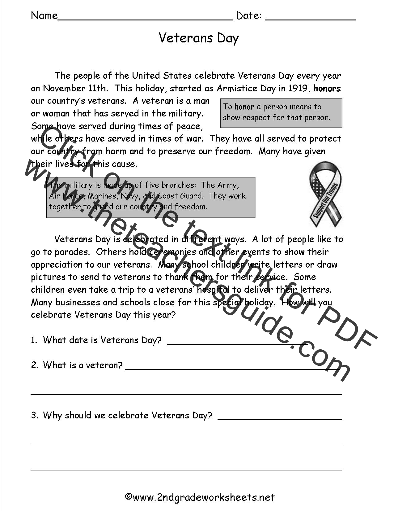 Veterans Day Reading Comprehension Worksheet