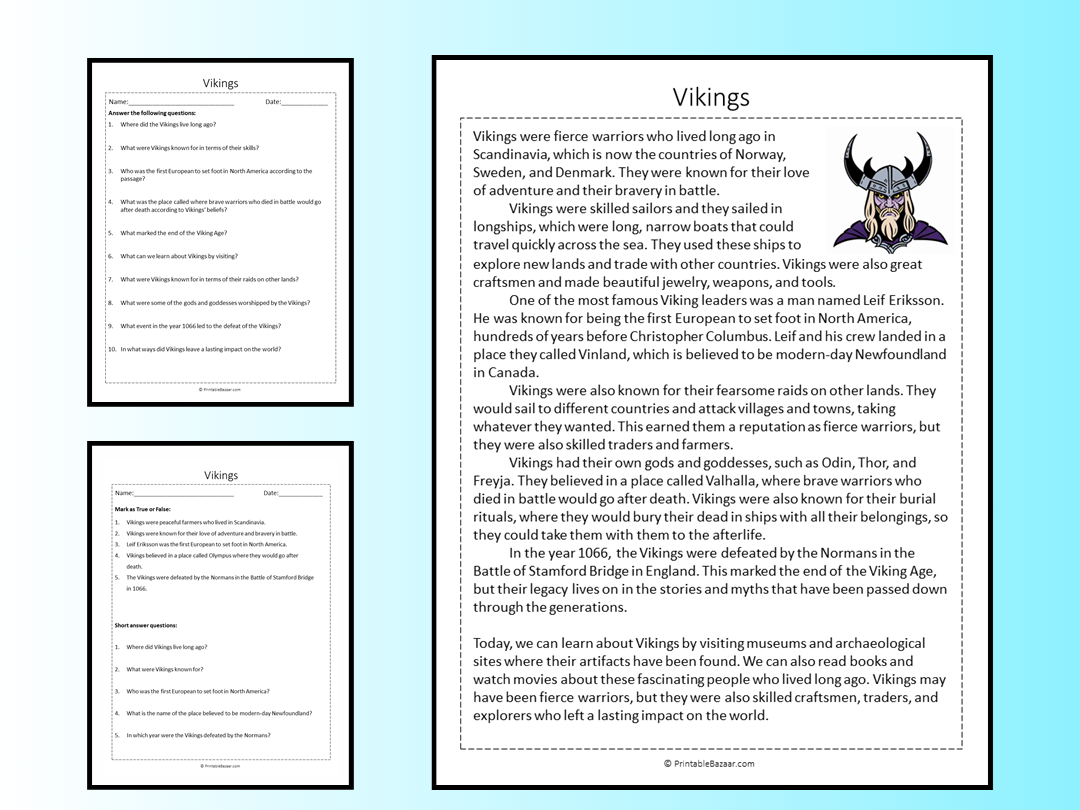 Vikings Reading Comprehension Passage Printable Worksheet 