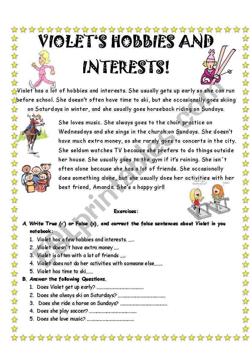 Hobbies Reading Comprehension Worksheets Pdf
