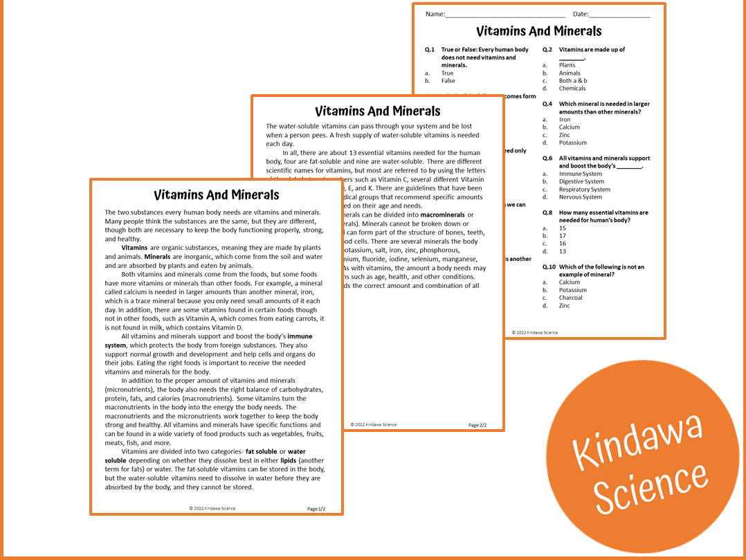 Vitamins And Minerals Reading Comprehension Passage And Questions PDF Teaching Resources