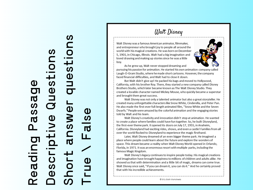 Walt Disney Biography Reading Comprehension Passage Printable Worksheet PDF Teaching Resources