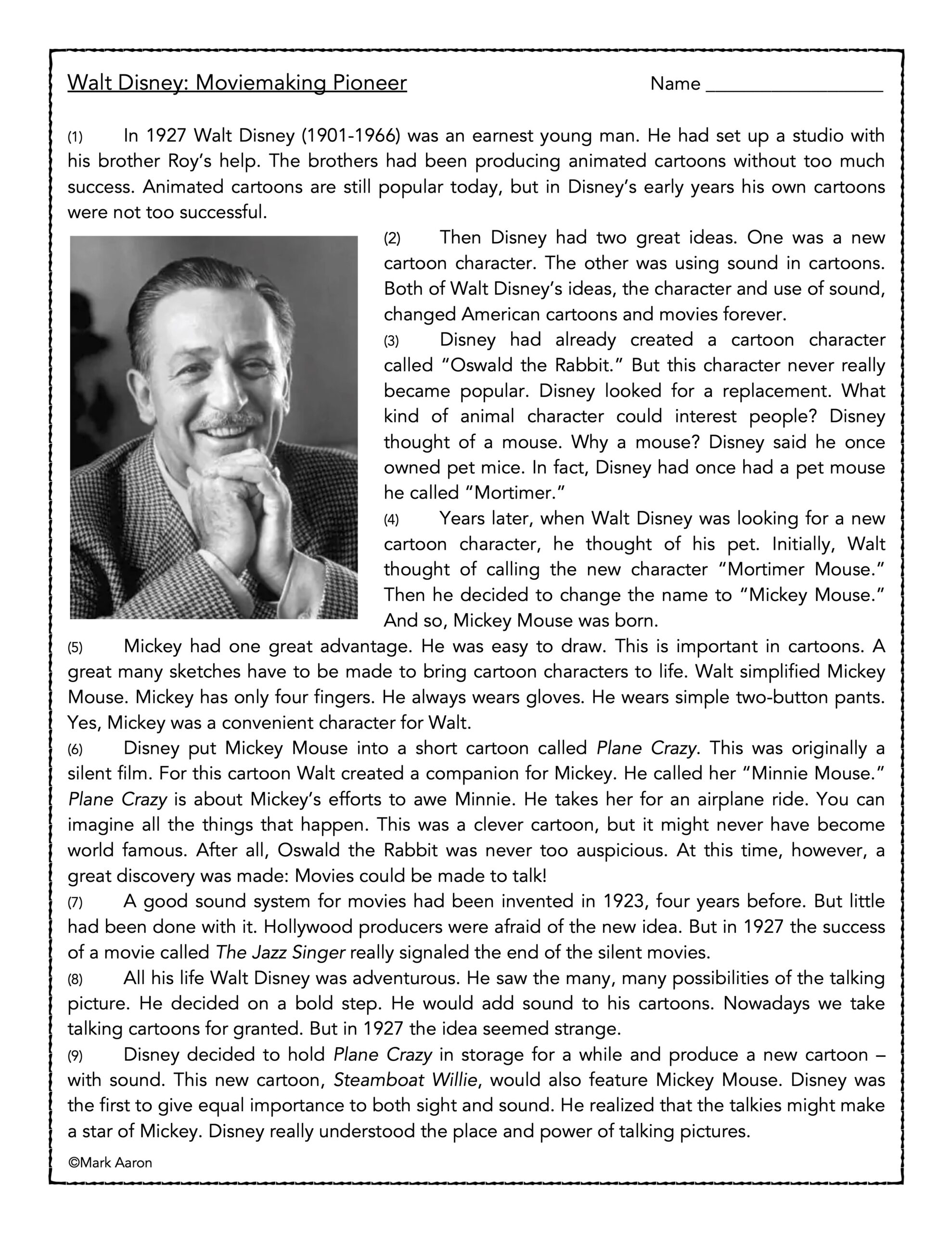 Walt Disney Moviemaking Pioneer Reading Comprehension Passage And Assessment Classful