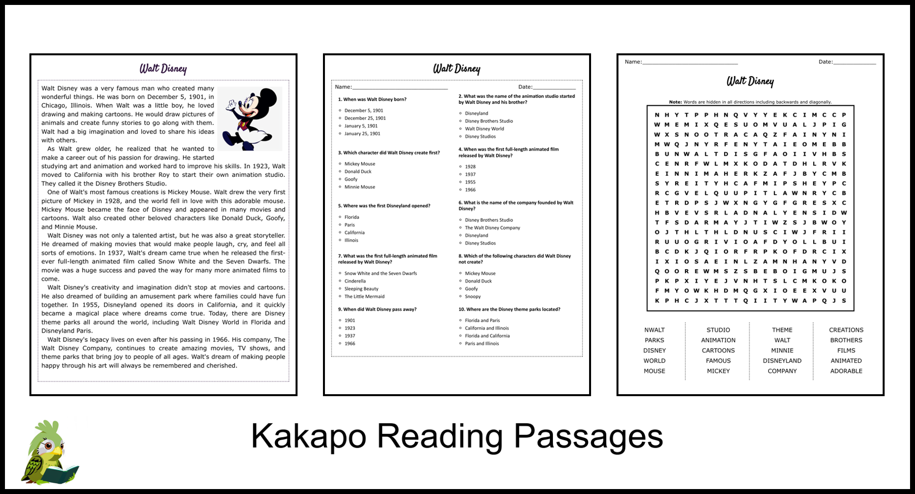 Walt Disney Reading Comprehension And Word Search Teaching Resources