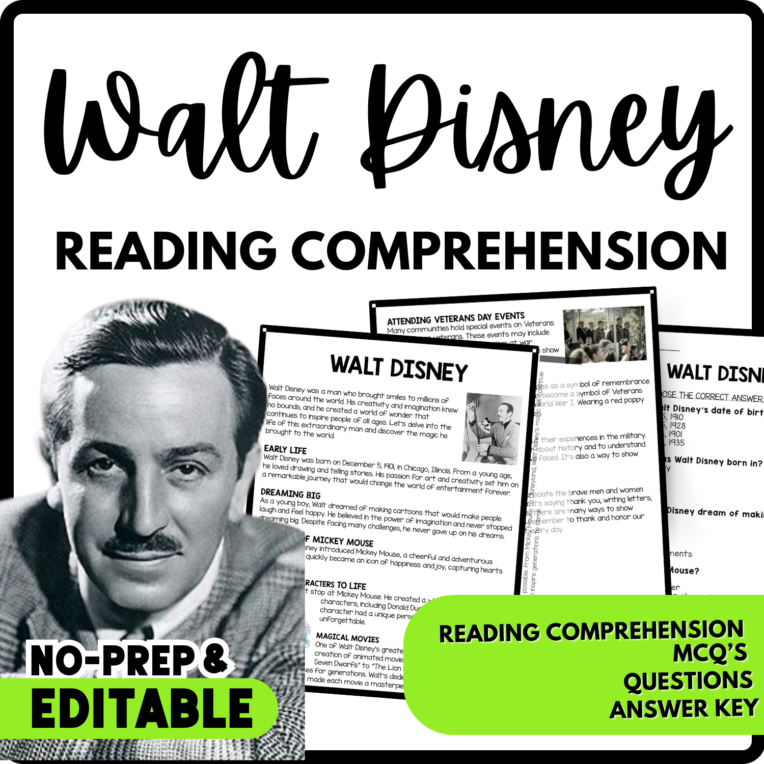 Walt Disney Reading Comprehension Worksheet Teachers Stock