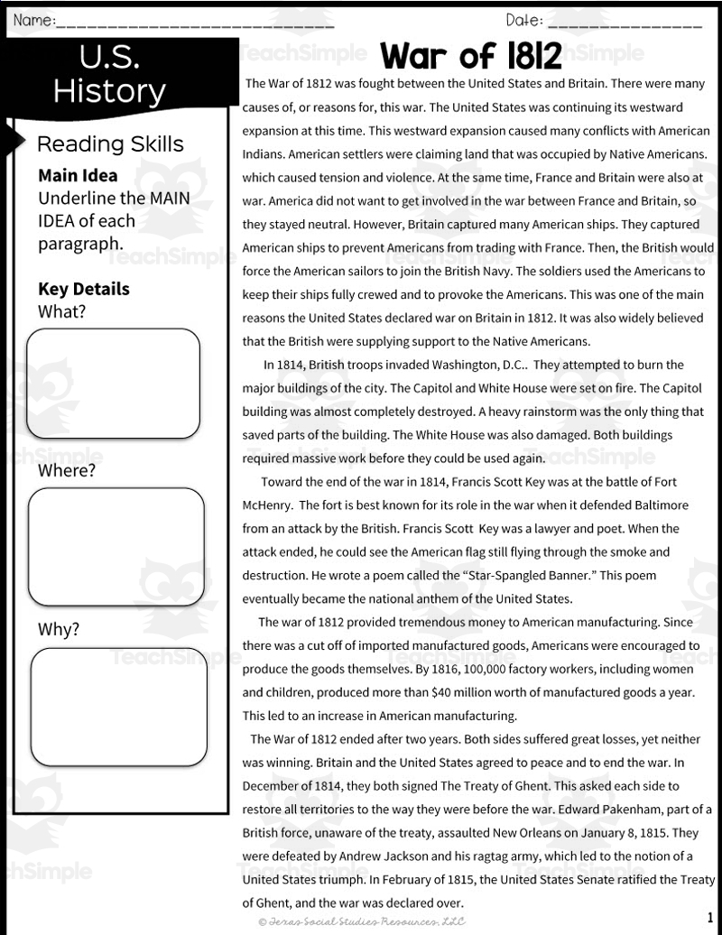War Of 1812 Reading Packet 5th Grade TEKS