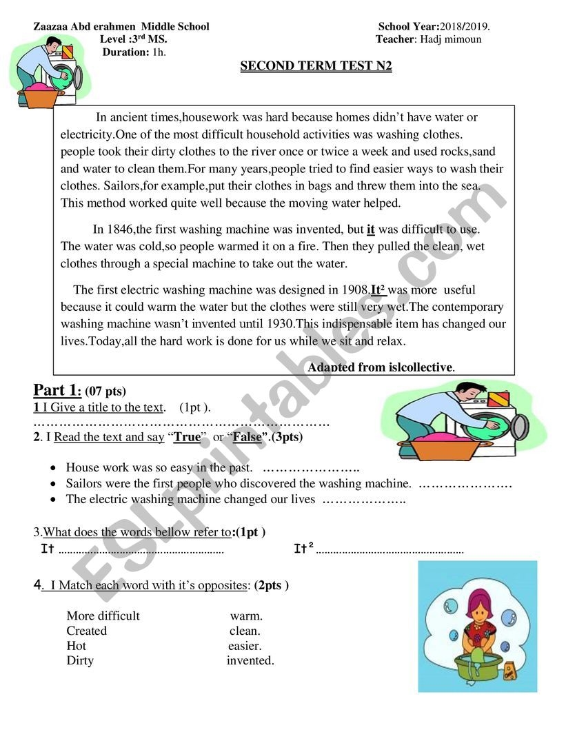 Washing Machine Invention Reading Comprehension ESL Worksheet By Hadj Mel