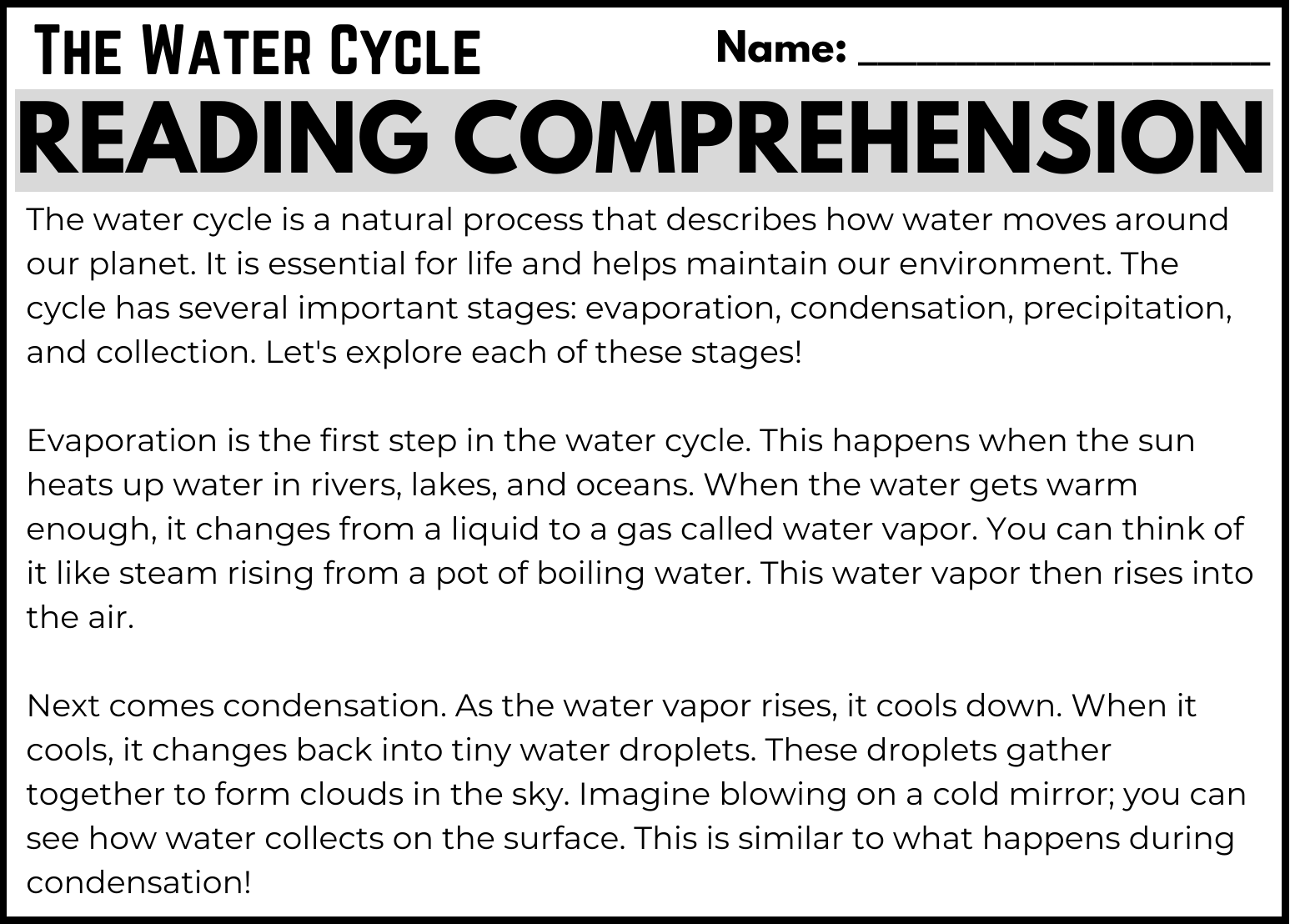 Water Cycle Reading Comprehension Worksheet