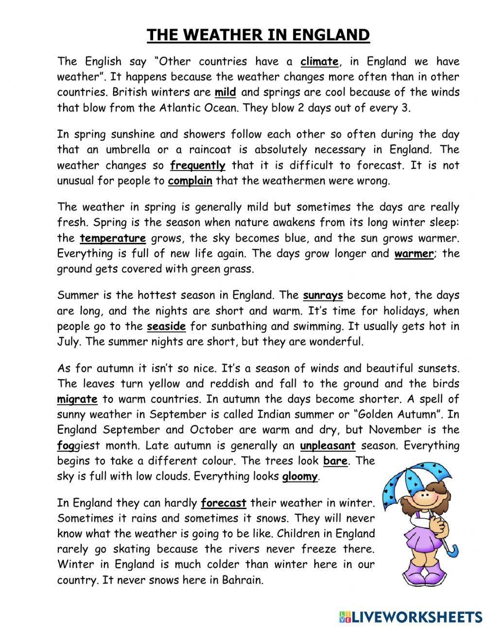 Weather Reading Comprehension Interactive Worksheet Live Worksheets Worksheets Library