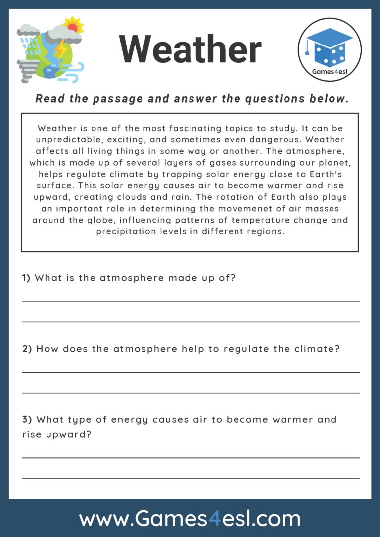 Weather Reading Comprehension Worksheet Games4esl