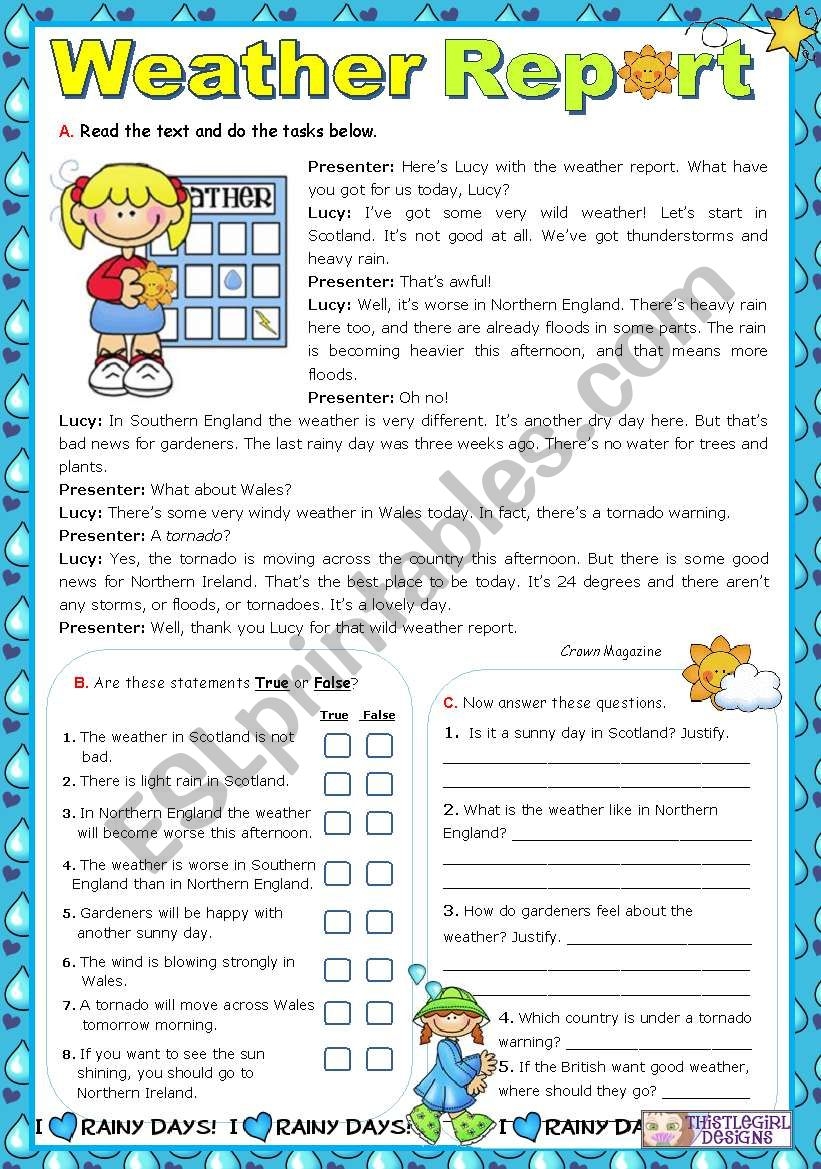 Weather Report Reading Comprehension ESL Worksheet By Mena22