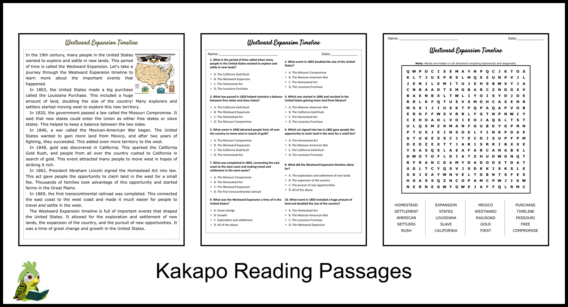 Westward Expansion Timeline Reading Comprehension And Word Search Teaching Resources