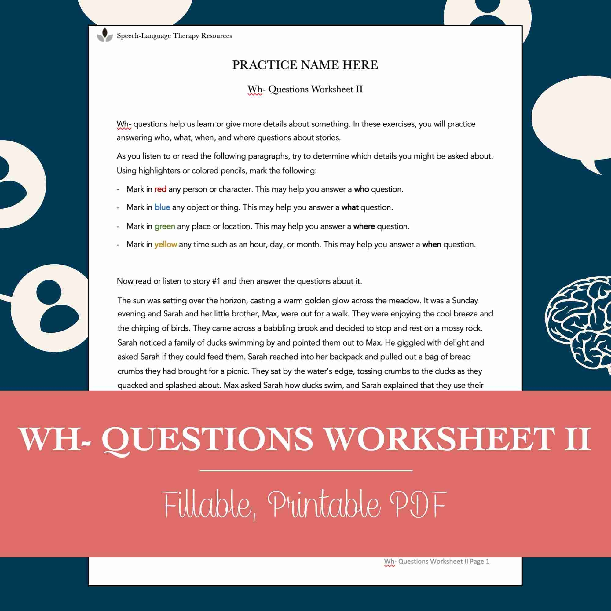 WH Questions Reading Comprehension Worksheet For Speech Therapy Editable Fillable Printable PDF SpeechTherapyByPro