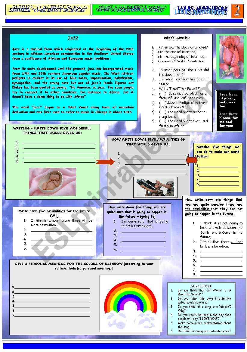 WHAT A WONDERFUL WORLD LOUIS ARMSTRONG PART 02 ESL Worksheet By Thebestsongs