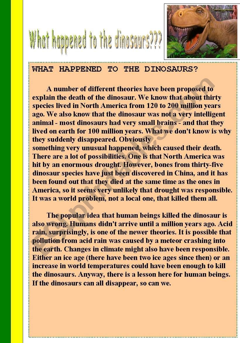 WHAT HAPPENED TO DINOSAURS READING PASSAGE WITH COMPREHENSION QUESTIONS ANSWER KEY ESL Worksheet By Source
