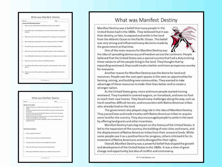 What Was Manifest Destiny Reading Comprehension Passage Printable Worksheet Teaching Resources